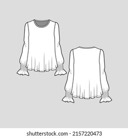 Smocked Hem Ruffles top crew neck long sleeve smocking ruffles flare hem fashion clothing flat sketch technical drawing template design vector