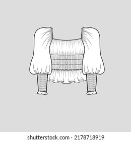 Smocked lantern sleeve top Shirred Ruched smocking cuff sleeve fashion t shirt top blouse flat sketch technical drawing template design vector
