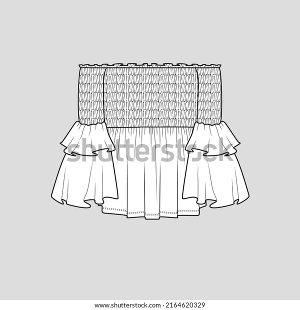 Smocked Off Shoulder Ruffles Bell Sleeve top\
Smocking Ruffles Fashion clothing flat sketch technical drawing\
template design vector