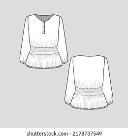 Smocked Ruched Ruffles hem top Henley Neck Button Panel Shirred Gathering Frill hem long sleeve fashion t shirt top blouse flat sketch technical drawing template design vector