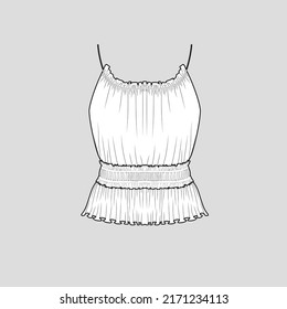 Smocked Ruffle frills halter top waist smocking ruched shirred detail elastic frill halter neck ruffles hem fashion t shirt top blouse flat sketch technical drawing template vector