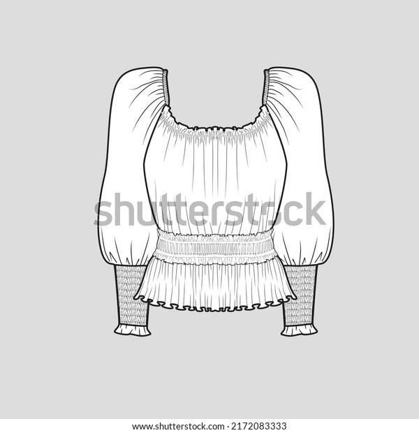 Smocked Shirred top Square neck\
Gathering ruched detail Long Smocking Cuff Sleeve  fashion t shirt\
top blouse flat sketch technical drawing template design\
vector