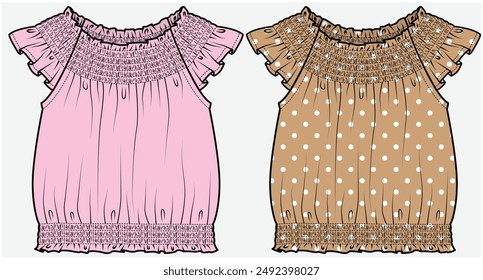 SMOCKING DETAILED SUMMER WOVEN TOP  WITH ELASTICATED WAIST DETAIL DESIGNED FOR TEEN GIRLS AND KID GIRLS IN VECTOR FILE