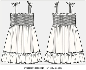 SMOCKING DETAILED SUNDRESS WITH FRILL DESIGNED FOR TEEN AND KID GIRLS IN VECTOR FILE