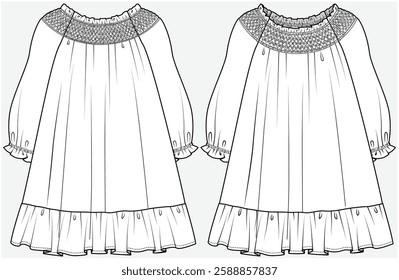 SMOCKING OFF SHOULDER TIERED DRESS WITH LONG RAGLAN SLEEVES DESIGNED FOR KID GIRLS TWEENS AND TEEN GIRLS IN VECTOR FILE	
