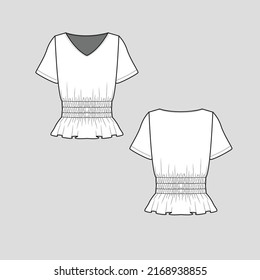 Smocking ruched shirred  top v neck waist smocked gathering ruffles hem Short sleeve fashion t shirt top blouse flat sketch technical drawing template design vector