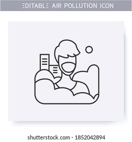 Smog, line icon. Man in face mask. Industrial emissions, air pollution. Greenhouse effect. Environment pollution and ecology damage concept. Isolated vector illustration. Editable stroke 
