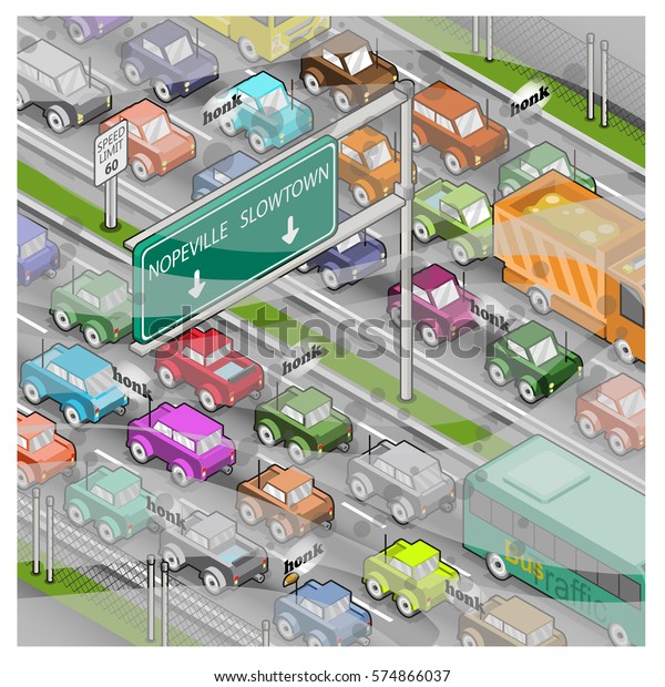 Smog and noise on highway during rush-hour\
(isometric view)\
