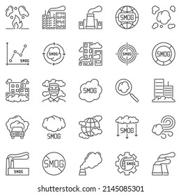 Smog outline icons set - vector Smoke Fog Air Pollution concept symbols in thin line style