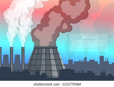 Smog polluted urban landscape. Highly polluted city with factory plants smoking towers and pipes. Environment contaminating carbon dioxide emissions. 