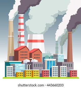 Smog polluted urban landscape. Highly polluted city with factory plants smoking towers and pipes. Environment contaminating carbon dioxide emissions. Flat style vector illustration. 