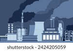 Smog pollution. Chimneys and factory pipes with smoke clouds. Industrial factories landscape. Emission of chemicals, air polluted recent vector scene
