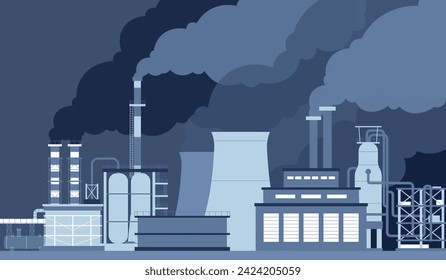 Smog pollution. Chimneys and factory pipes with smoke clouds. Industrial factories landscape. Emission of chemicals, air polluted recent vector scene