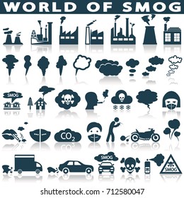 Conjunto de iconos de la contaminación de niebla, ecología, concepto medioambiental