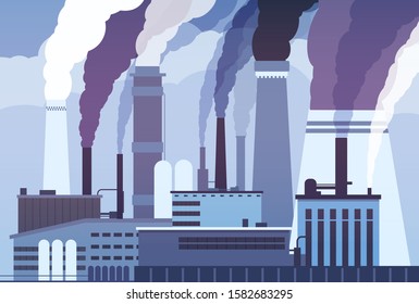 Smog pollution. Industrial factory pipes, heavy chemicals emission. Atmosphere toxic contamination, smoke clouds in air vector concept