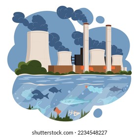 Concepto de contaminación por smog. Las fábricas de humo, el cuidado de la ecología y el medio ambiente, la lucha contra el calentamiento global. Afiche o cartel motivacional. Metáfora del ecoactivismo. Dibujo vectorial plano de dibujos animados