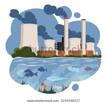 Smog polution concept. Smoke factories, care for ecology and environment, fight against global warming. Motivational poster or banner. Eco activism metaphor. Cartoon flat vector illustration