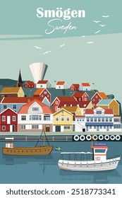 Smogon Sweden Vector Illustration, Hand Drawn Vintage Travel Poster, Holiday concept