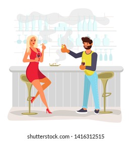 Smoke addiction concept. Pretty blond girl with long hair is smoking in the bar. Man brings her cigarette lighter. Flat Art Vector illustration