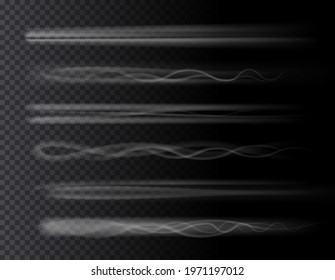 Smoke air trail set isolated 3D effects on transparent background. Vector rocket, plane jet or airplane trace, toxic chemical steam, aircraft or spaceship takeoff tail. Gas spray vapour, fog or mist