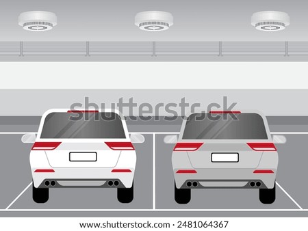 Smoke Alarm. Smoke Detector and Fire Alarm on Ceiling in Parking Lot. Vector Illustration. 