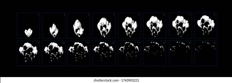 Smoke animation effect. Smoke burst sprite sheet for game, cartoon, video, animation or motion. Fream by fream classic animation. vector