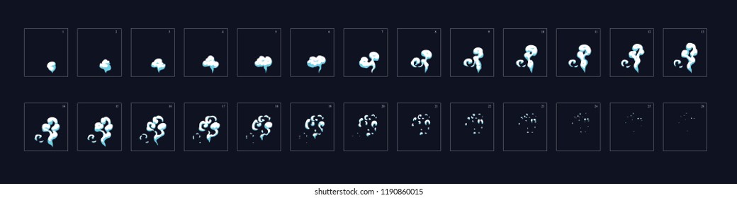 Smoke animation. Animation of smoke effect. Sprite sheet for game, cartoon or animation. 2d classic animation smoke effect.