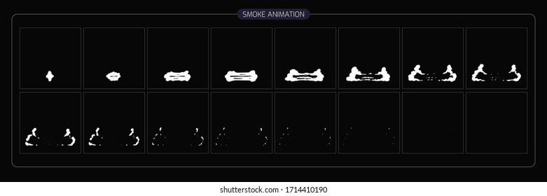 Rauchanimierungseffekt. Smoke-Effekt Sprite Sheet für Video-Spiel, Cartoon, Animation und Bewegung Design. 2D Classic Smoke FX. EPS10-Vektorillustration-Illustration.