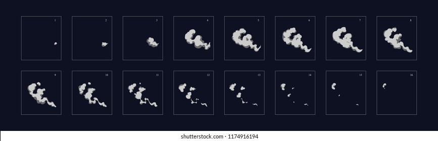 Smoke animation. Animation of smoke. Sprite sheet for game or cartoon or animation. 2d classic animation smoke effect.