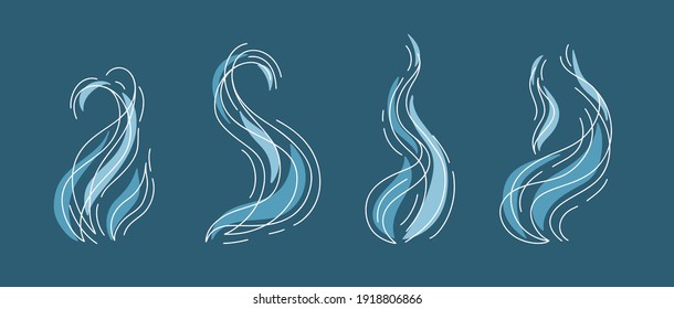 Smoke or Aroma Steam Line Icons Set. Smell Wave Line Symbols. Blue White Fume Vector illustration