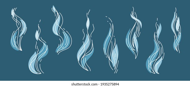 Smoke Aroma Steam Line Icons Set  Smell Wave Line Symbols  White Blue Fume Vector illustration