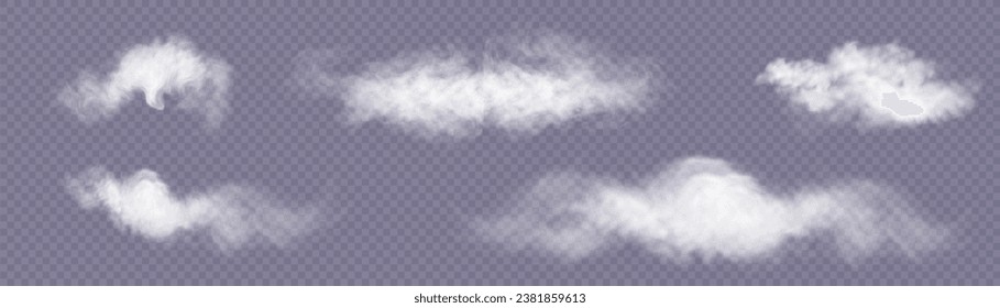 Smoke Background. Realistic decorative fog effect and transparent magic fog. White vapor, border of creeping smoke. Layout of cloudy and growing smog. Vector 10 eps.