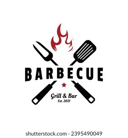 Smoke and BBQ Barbecue Grill Vintage Design With Crossed Spatula and Flame.