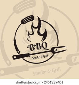 Smoke and BBQ Barbecue Grill Vintage Design With Crossed Spatula and Flame.