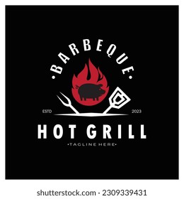 Smoke and BBQ Barbecue Vintage hot grill, with crossed flames and spatula. Logo for restaurant, badge, cafe and bar.vector