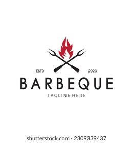 Smoke and BBQ Barbecue Vintage hot grill, with crossed flames and spatula. Logo for restaurant, badge, cafe and bar.vector