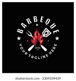 Smoke and BBQ Barbecue Vintage hot grill, with crossed flames and spatula. Logo for restaurant, badge, cafe and bar.vector