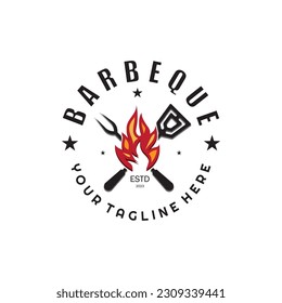 Smoke and BBQ Barbecue Vintage hot grill, with crossed flames and spatula. Logo for restaurant, badge, cafe and bar.vector