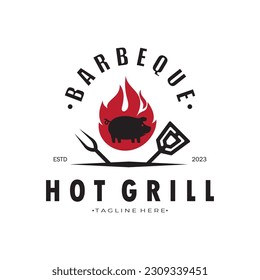 Smoke and BBQ Barbecue Vintage hot grill, with crossed flames and spatula. Logo for restaurant, badge, cafe and bar.vector