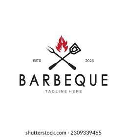 Smoke and BBQ Barbecue Vintage hot grill, with crossed flames and spatula. Logo for restaurant, badge, cafe and bar.vector