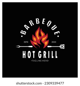 Smoke and BBQ Barbecue Vintage hot grill, with crossed flames and spatula. Logo for restaurant, badge, cafe and bar.vector