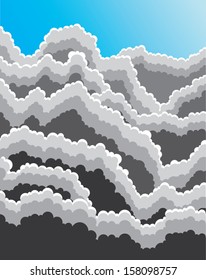Smoke Billowing is an illustration of billowing gray or black cloud of smoke rising against a blue sky background.