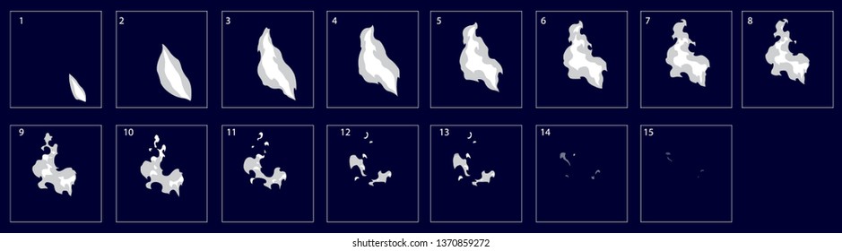 Efecto de animación de la explosión de humo. Animación por explosión de humo. Efecto de explosión de humo. Animación Ficha especial para juegos, dibujos animados o animaciones - Vector