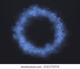 Fumaça anel azul com pontos brilhantes, partículas, estrelas faíscas mágicas em um fundo transparente. Porta circular, irradiando energia luminosa e aura mágica. Ilustração vetorial.
