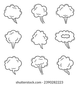 Smoke, boom bubble, steam doodle set. Comic speed cloud, explosion, blow wind, smoke puffs in sketch style. Hand drawn vector illustration isolated on white background