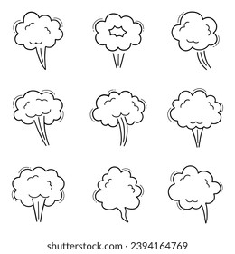 Smoke, boom bubble, steam doodle set. Comic speed cloud, explosion, blow wind, smoke puffs in sketch style. Hand drawn vector illustration isolated on white background