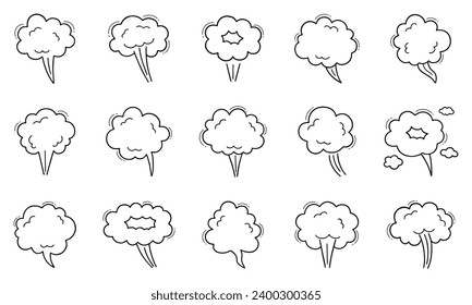 Smoke, boom bubble, steam doodle set. Comic speed cloud, explosion, blow wind, smoke puffs in sketch style. Hand drawn vector illustration isolated on white background