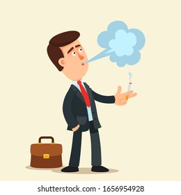 Smoke break. Business man stands and smokes a cigarette, relaxing. Nicotine addiction. Smoking area. Vector illustration, flat design cartoon style. Isolated background.