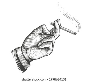 Smoke Break. Cigarette In Hand In Vintage Engraving Style