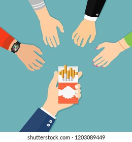 Smoke break flat design concept. People hands are reaching for cigarette pack.